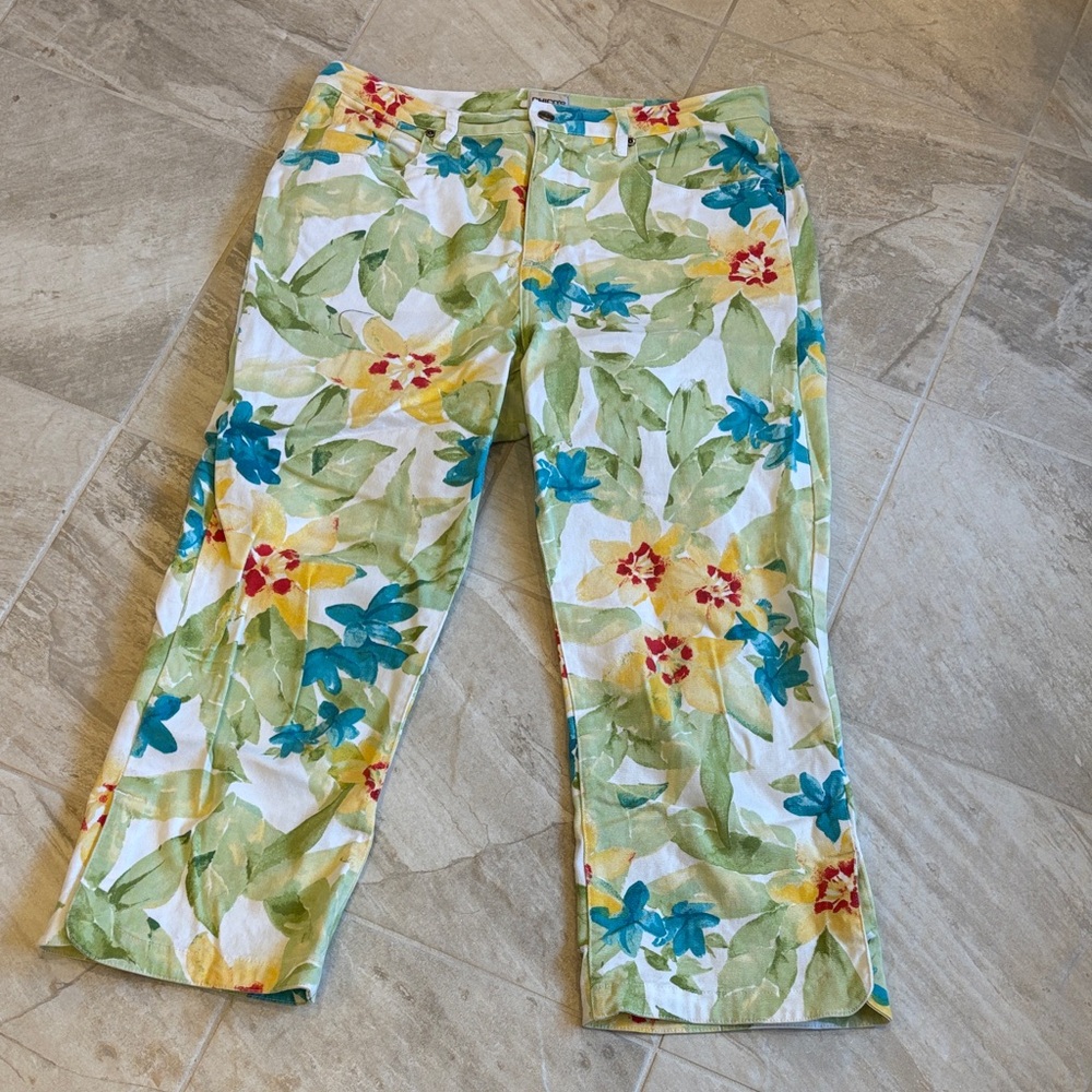 Chico's Green, Turquoise, & Yellow Floral Printed Pants